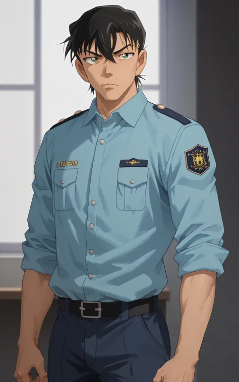 1male,solo,young,Touji Fushiguro,black hair,hair between eyes,bang,medium hair,green eyes,blue police uniform,big muscle,serious,