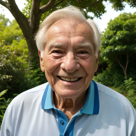 An elderly man smiling happily, Expression of 80 years of life, white teeth, voluminous hair, combed and beautiful, in the background with vegetation and several trees