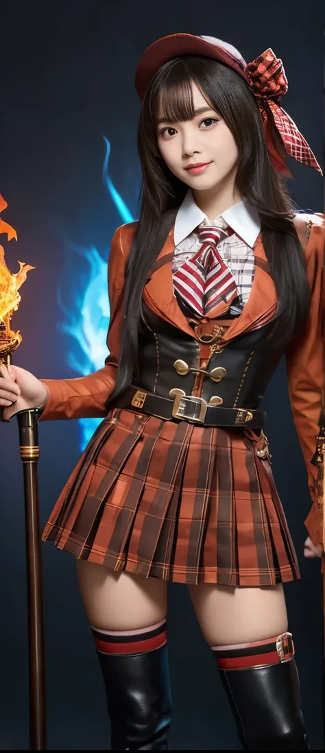 cool nightmare idol girl、A pure girl's face、 hypo、、steampunk trickster uniform(Red Checkered Pleated Miniskirt)、、Ghost Belt 、Glowing Scythe of Fire、