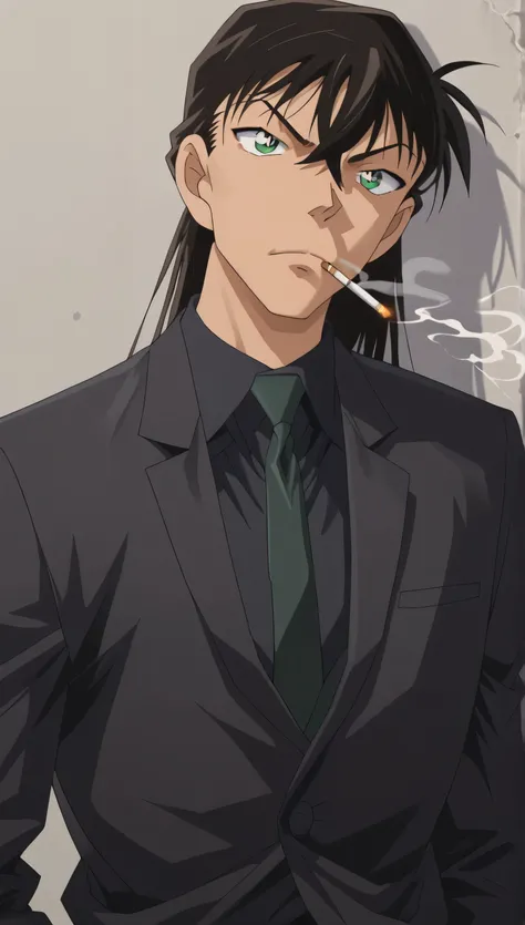 1male,solo,young,Touji Fushiguro,black hair,hair between eyes,bang,long hair,green eyes,emty eyes,close one eyes,Black suit,black shirt,black necktie,big muscle,serious,smoking,1cigarettes,