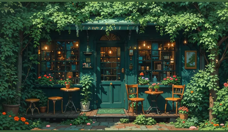 A charming outdoor café scene, depicted in a vibrant anime style.  A small, teal-green building with a coffee shop sign, is covered in lush, vibrant green vines. The building has multiple windows showcasing an interior filled with warm lighting and cozy am...
