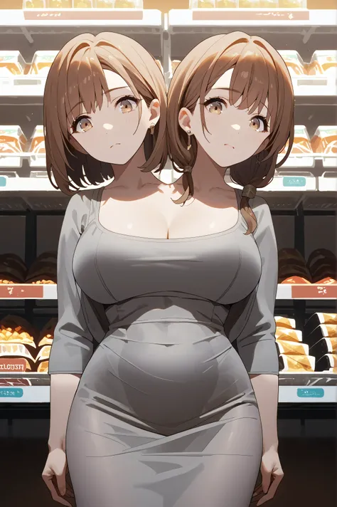 conjoined, 2girls, 2heads, two heads, a tall thin girls with 2 heads, brown hair, grey dress, dongtan dress, black pantyhose, large breasts, front shots, standing, shop
