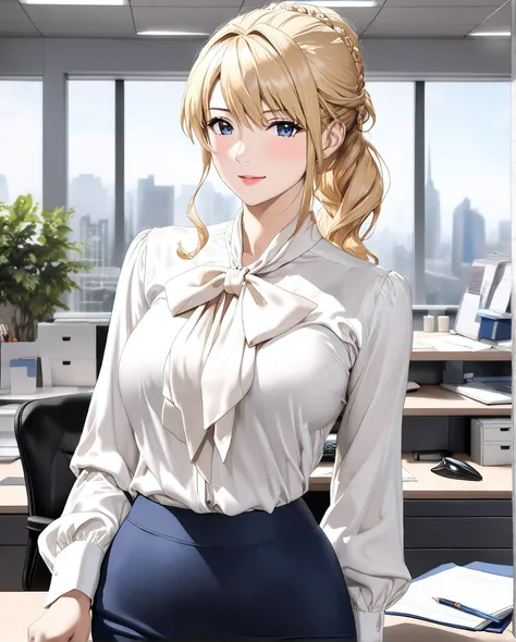bow blouse, anime - style image, (((full body))), (((lancer of the Artoria Pendragon))), Masterpiece, very aesthetic, vibrant, standing, Realistic body structure, A body with perfect style, (((shiny classical and office style creamy white tie-neck blouse))...
