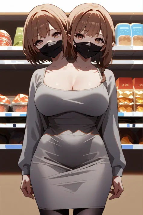 conjoined, 2girls, 2heads, two heads, a tall thin girls with 2 heads, brown hair, grey dress, dongtan dress, black pantyhose, black mask, large breasts, front shots, standing, shop