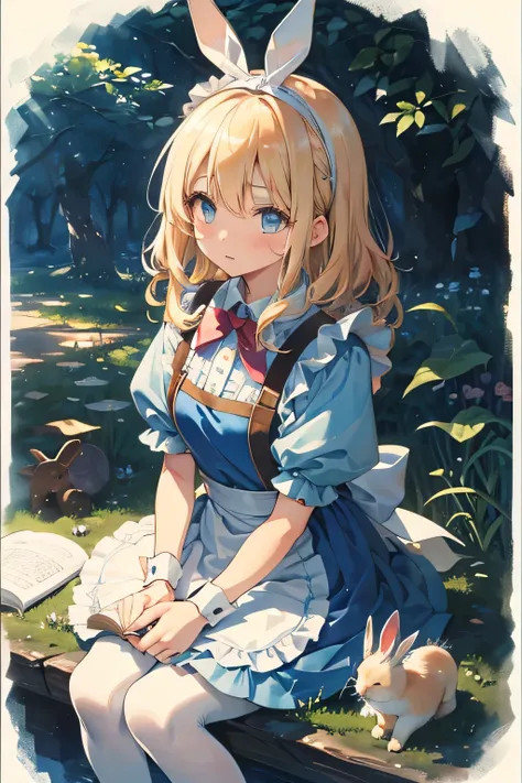 ((最高品質)), ((傑作)), ( 詳細), 1人の女の子,
(alice in wonderland) ,(cosplay), apron, blue dress, bow, dress, frilled apron, frilled dress, frills, puffy short sleeves, puffy sleeves, white apron, white pantyhose, wrist cuffs, blonde hair, blue eyes, hairband,
Pict...