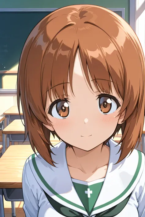 nishizumi miho,ooarai school uniform,black tie,classroom,face focus,front view,looking at viewer,