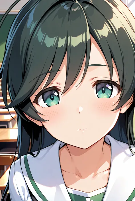isuzu hana,ooarai school uniform,black tie,classroom,face focus,front view,looking at viewer,