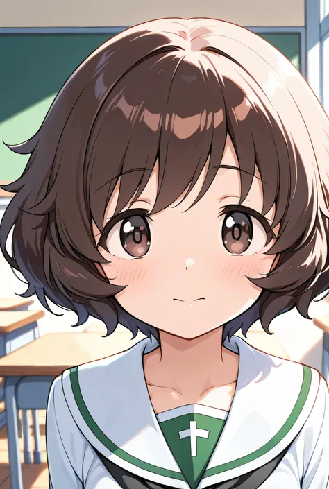 akiyama yukari,ooarai school uniform,black tie,classroom,face focus,front view,looking at viewer,