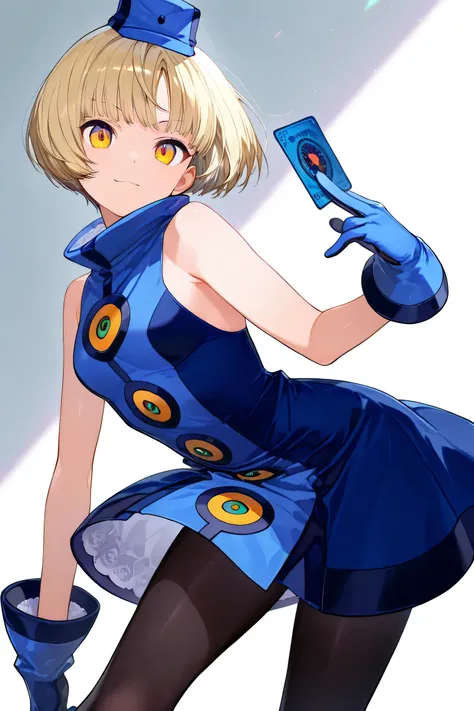 score_9, score_8_up, score_7_up, solo, 1girl, p3elizabeth, slight smile, looking at viewer, standing, holding card, hat, blue dress, sleeveless dress, blue gloves, black pantyhose 