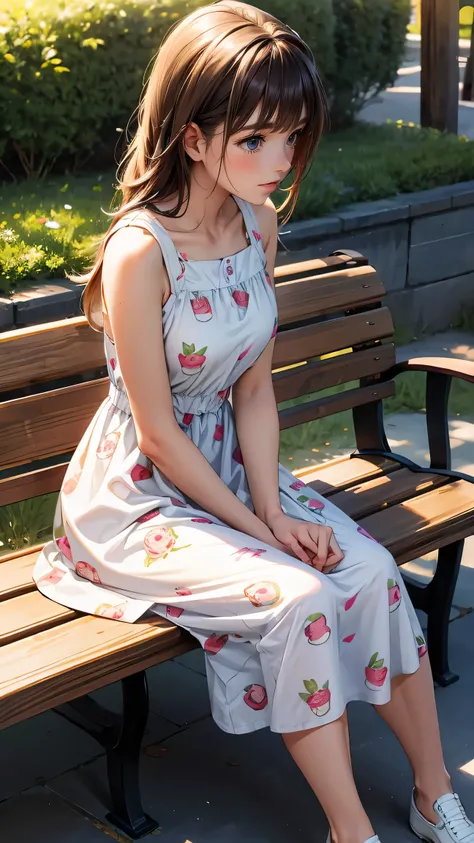 best quality, woman was sitting on a bench , summer_dress, dogs printed in the dress