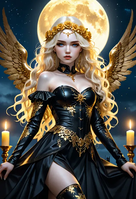 Dark fantasy art, fantasy art, goth art, a picture of a woman angel, pale white skin, gold hair, Ultra detailed face, Best Detailed face, spread wings, long hair, wavy hair, blond hair, radiant eyes, blue eyes, she wears a black leather dress, delicate dre...