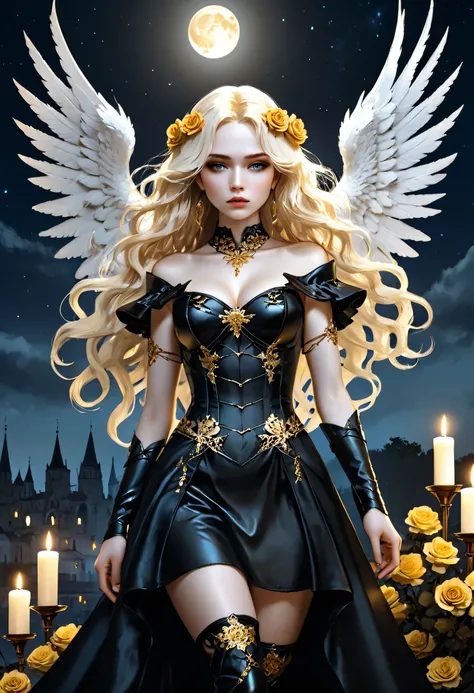Dark fantasy art, fantasy art, goth art, a picture of a woman angel, pale white skin, gold hair, Ultra detailed face, Best Detailed face, spread wings, long hair, wavy hair, blond hair, radiant eyes, blue eyes, she wears a black leather dress, delicate dre...
