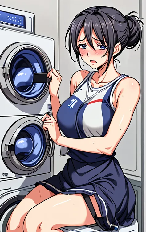 Age 50、mature woman、black hair、Hair tied up、Blue Eyes、My face is sweaty 、My arms and legs are sweaty、and my whole body is sweaty、very embarrassing expression、cheerleader clothes、miniskirt、jumping、panties on the washing machine、simple background