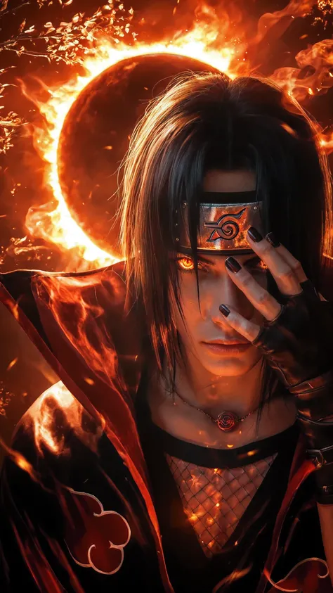 score_9, score_8_up, score_7_up, source_anime, detailed, wallpaper, beautiful details, itachi, itachi uchiha from naruto, 1boy, asian, man 27s, male focus, looking at viewer, ultra realistic, cinematic close-up of a mysterious male ninja, glowing red Shari...