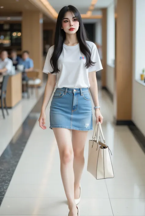 Thai girl with smooth skin, beautiful skin, white skin, height 159 cm, weight 46 kg, good appearance, long black hair, walking indoors, dressed casually in a white T-shirt, short denim skirt, wearing cream high heels, carrying a brand name white handbag, l...