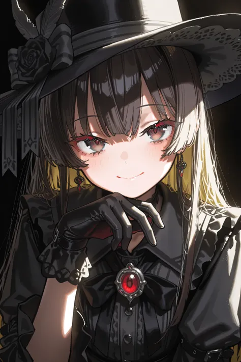 kmj-anonstyle, [artist:yoneyama mai], [artist:kanzarin], [artist: ekrea_jan], aruhshura, masterpiece,best quality,amazing quality, 748cmstyle, solo, eye focus, black hat, mysterious atmosphere, closed mouth, gentle smile, black gloves, elegant pose, gothic...