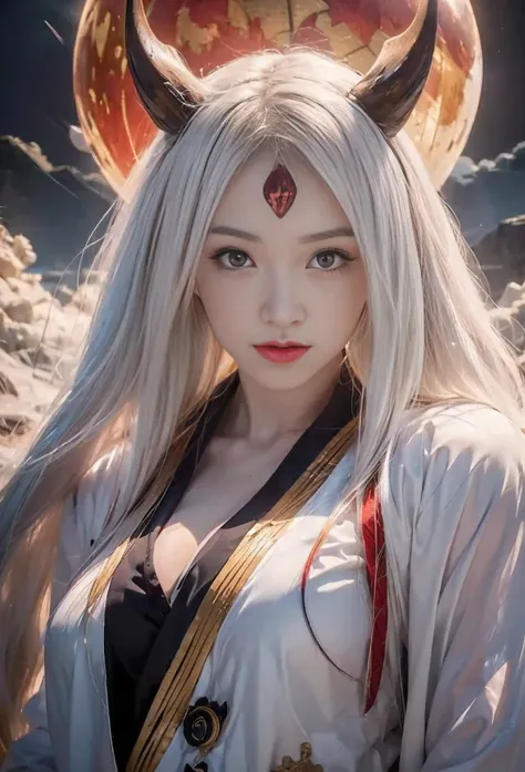 source_anime, (masterpiece), (best quality), score_9, score_8_up, score_7_up, (masterpiece:1.2), (best quality:1.3), 1girl kaguya_otsk, long hair, looking at viewer, third eye, horns, japanese clothes, pale skin, red moon, cleavage, angry expression, facia...