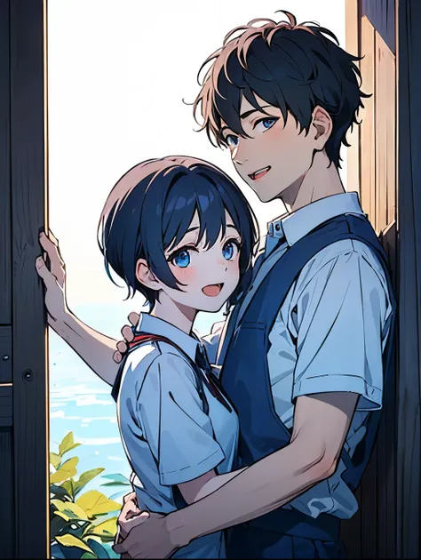 ((boy&Girl :1.5)),(( calm adult men:1.0)), black hair, tea hair, blue eyes, red eyes,((NSFW:0.65)),(1 men&Girl:1.0),(Yaoi:1.2),((hold each other's shoulders:1.25)),((A calm adult man who grabs his arm and pulls him in :1.0)),(looking viewer:1.0),Grinning ...