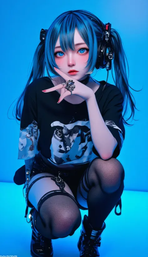19th century RAW photo 、realistic、 best quality、masterpiece、ネオンblue background. Black and White, blue striped hair ,twin tails、 super cute girl with friends, Blue Eyes. squats, Gothic Tee , Gothic Shorts , Black Platform Boots, tsundere s...