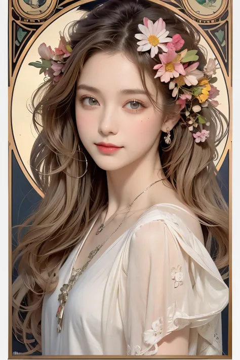 (Oil painting of a woman who looks like a flower goddess), rough touch, impressive portrait, (calm, gentle, bright, girlish smile), (almost straight medium-long silver-gray blonde hair), (close-up), glossy lips, (simple, urban shirt in spring colors), (sma...