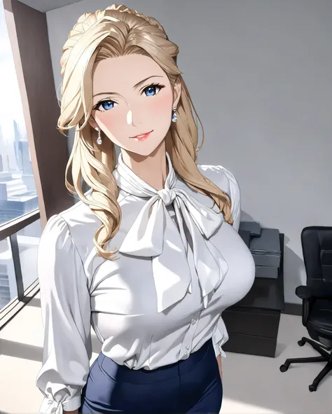 bow blouse, anime - style image, (((full body))), (((lancer of the Artoria Pendragon))), Masterpiece, very aesthetic, vibrant, standing, Realistic body structure, A body with perfect style, (((shiny classical and office style creamy white tie-neck blouse))...