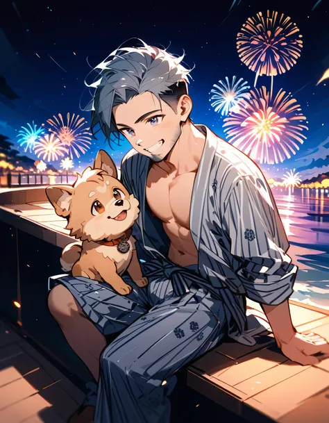 from above,fullbody,(sitting enjoy handheld fireworks),(with small dog(Pomeranian)),man,40years old,(The face of an old man with dignity),man's eyes,man's nose,man's mouth,grin,(short spiked hair),forehead,sidecut,undercut,beard,gray japanese men's yukata,...