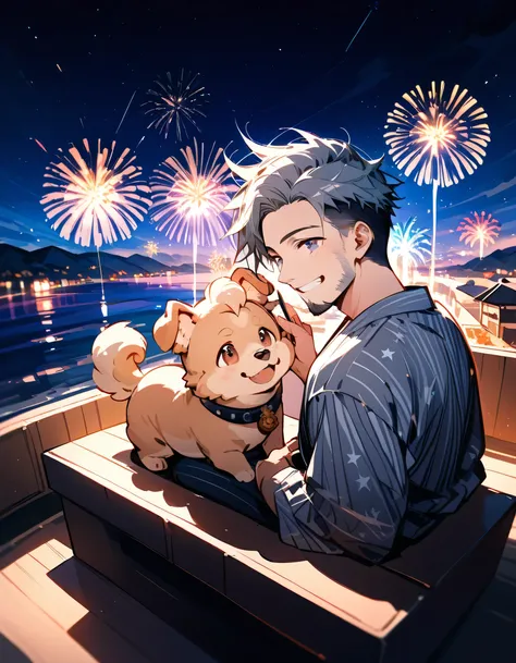 from above,fullbody,(sitting enjoy handheld fireworks),((with small dog(Pomeranian))),man,40years old,(The face of an old man with dignity),man's eyes,man's nose,man's mouth,grin,(short spiked hair),forehead,sidecut,undercut,beard,gray japanese men's yukat...