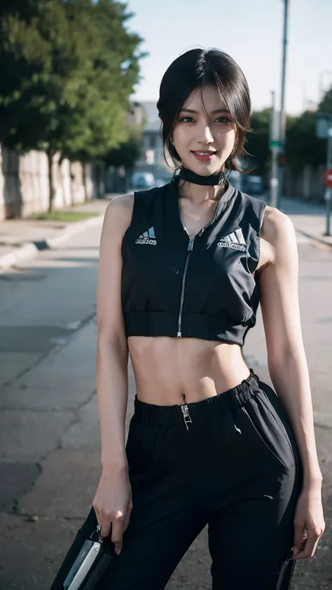 (masterpiece),best quality,amazing quality,beautiful face, ((psychotic smile)), (holding bomb detonator detonation), best quality, expressive eyes, perfect face, reze, short hair, (((terrorist terror))), (((Suicidal bomber with bombs vest))), black hair, a...