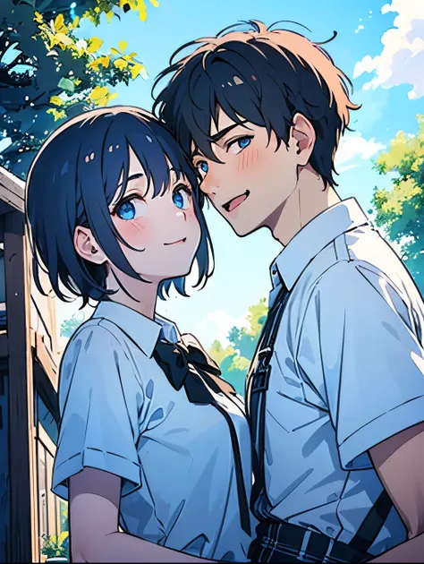 ((boy&Girl :1.5)),(( calm adult men:1.0)), black hair, tea hair, blue eyes, red eyes,((NSFW:0.65)),(1 men&Girl:1.0),(Yaoi:1.2),((hold each other's shoulders:1.25)),((A calm adult man who grabs his arm and pulls him in :1.0)),(looking viewer:1.0),Grinning ...