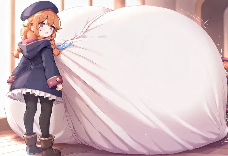 yuni-default,yuni \(princess connect!\),purple eyes, orange hair,twin braids,beret,st. theresa's girls academy school uniform,hooded coat,white skit,frilled skirt,black pantyhose,brown short boots,Hyper Breasts,