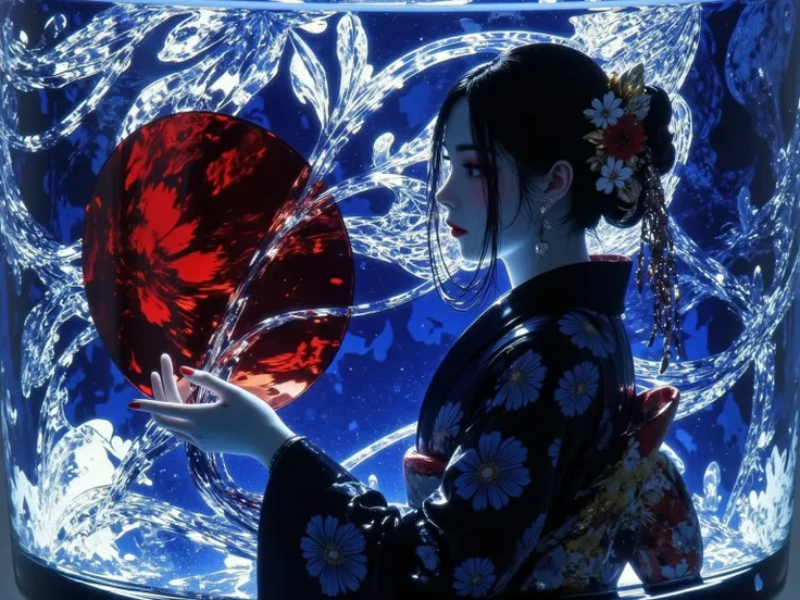 masterpiece,best quality:1.2,photo-realistic、Glasswork、日本のGlasswork、Crafts、Super Detail、Silhouette of a woman in a kimono、 dark blue kimono 、dramatic lighting、Sense of luxury、8k,HDR,
　　　　　　　　　　　　　　　　　　　　　　　　　　　　　　　　　　　　　　　　　　　　　　　　　　　　　　　　　　　　　　　　　　　　　　　　　...