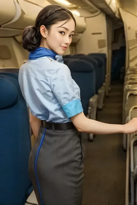 (masterpiece:1.2, best quality:1.2), 32kHDR, high image quality 。 perfect for loosely aligning your legs , (alone、 1 girl)、( daytime building rooftop 、 professional lighting )、 against the roof of a building 、(ANA Flight Attendant Uniform Blue Wear 、...