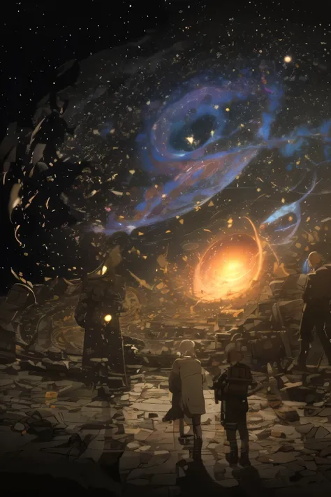 The night sky is a fantastic sky with many galaxies and stars floating around, and there are no clouds、Try making the ancient ruins on the ground a little lower than they are now。High quality。