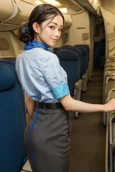 (masterpiece:1.2, best quality:1.2), 32kHDR, high image quality 。 perfect for loosely aligning your legs , (alone、 1 girl)、( daytime building rooftop 、 professional lighting )、 against the roof of a building 、(ANA Flight Attendant Uniform Blue Wear 、...
