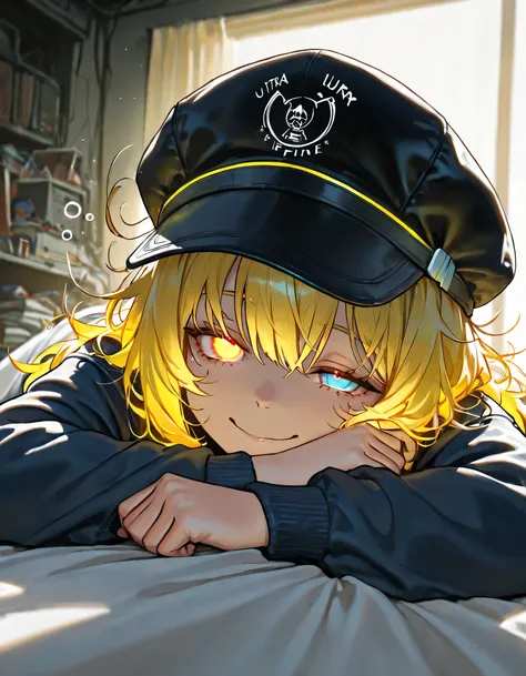 1girl,hat, yellow hair, Messy hair, cyberpunk hair ornament, masterpiece, Best Quality, ultra fine-painting, detailed face and eyes,absurd, lying on stomach, looking at viewer, beautiful eyes, glowing eyes, smile, Messy room,chibi style,(Sleepy face waking...