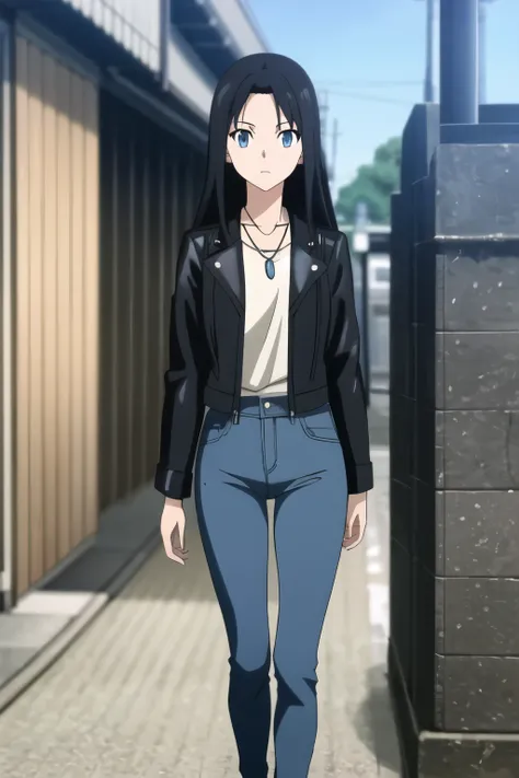 Masterpiece, best quality, 1 girl, solo, black hair, straight hair, long hair, light blue eyes, Tokyo revengers anime style, wearing black leather jacket and jeans, necklace, no bangs, in tokyo. 