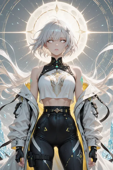 ((masterpiece, best quality, anime style, ultra-detailed)), (1girl, solo), (young female, age 18–20, athletic lean build, glowing white eyes:1.6, emotionless ice-cold expression, divine intensity, fair skin), (short messy white hair:1.5, wind-blown, radian...