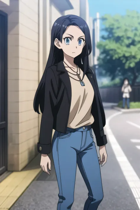 Masterpiece, best quality, 1 girl, solo, black hair, straight hair, long hair, ponytail, light blue eyes, Tokyo revengers anime style, wearing black leather jacket and jeans, necklace, no bangs, in tokyo. 