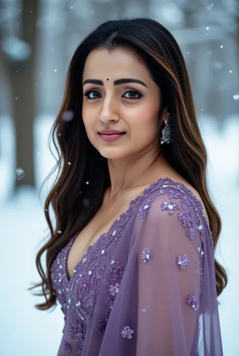 A beautiful indian woman,34 years old,with a beautiful black and brown mixed hair in a beautiful purple flowers gown surrounded by a beautiful winter background