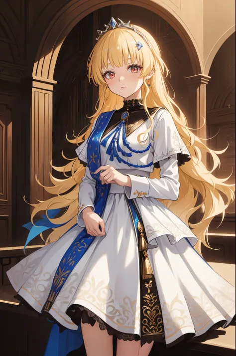 age Girl， charming，gorgeous，In Love ，sacred，( Yellow and White Princess Skirt :1.3)，blond，klee， red eyes， Minimalism ， Multi-layer exquisite ruffles ，Lots of Lace，( Lines on clothes :1.2)，( Exquisite clothing :1.1)，(Multi-layer Skirt ),Princess Crown， Pers...