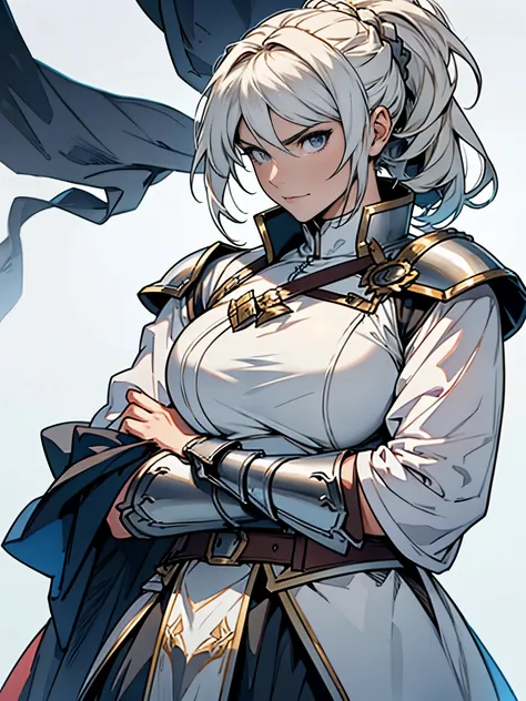 (Female Knight), (White Background), Ponytail Hairstyle, Armor Wearing, Metal Armor, Detailed Appearance, Taunt, Sword, Sleeveless, Arms Crossed
