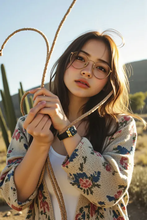 ((best quality、masterpiece、high sensitivity、high resolution、detailed explanation、depicting a delicate face holding a lasso、8K)),((slender woman、Wears Glasses)),cowgirl、I have a lasso、standing in the wilderness surrounded by cacti、Slightly backlit、