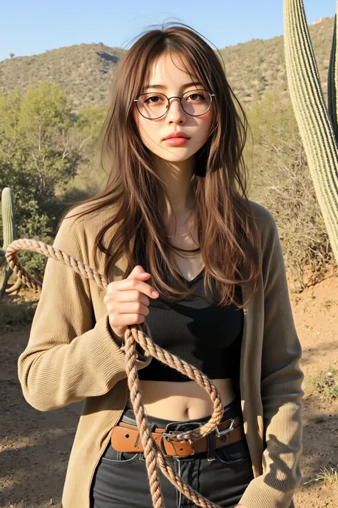 ((best quality、masterpiece、high sensitivity、high resolution、detailed explanation、depicting a delicate face holding a lasso、8K)),((slender woman、Wears Glasses)),cowgirl、I have a lasso、holding a lasso stands in the wilderness surrounded by cacti、Slightly bac...