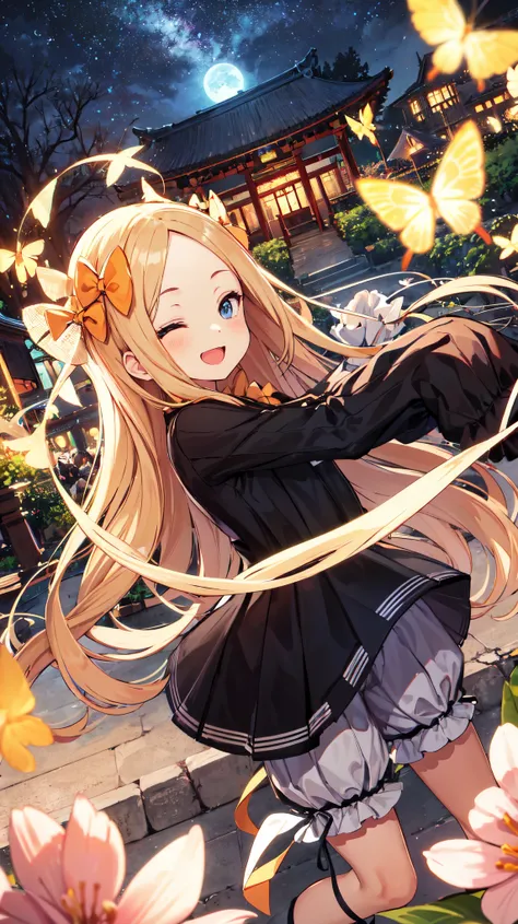 masterpiece, best quality, high resolution, hmaw3, long hair, Village Seen from Angle, black dress, long sleeve, black sleeves, White bloomers,dynamic lighting, natural light,  particles reflect light beautifully , diffuse reflection of light,  vortex of l...