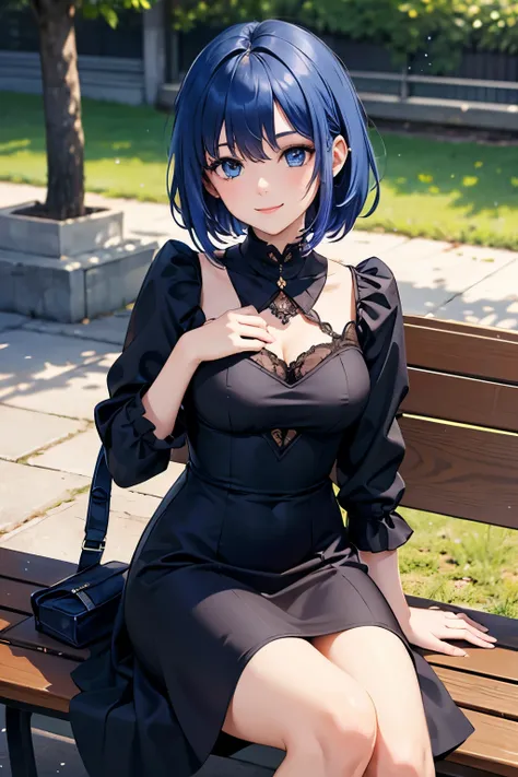 masterpiece, best quality, (A woman with a beautiful attention to detail)1 lady, black dress, blue hair, medium hair, blue eyes, smile, schools, Schoolyard, bench
