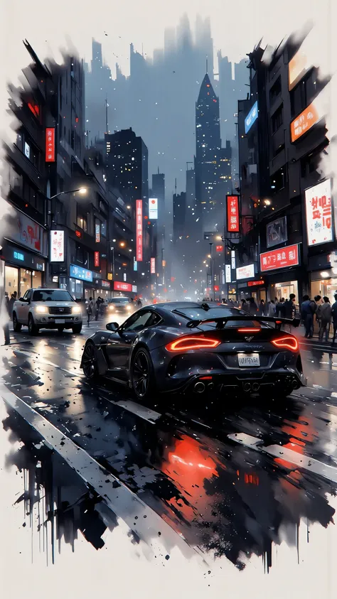 The outside is a picture book frame、Handwriting、Draw with crayons 、Picture book style、A sophisticated sports car runs on a wet highway at night, Blurry lines of motion and vivid neon lights are reflected on the wet asphalt. The background is a hazy citysca...