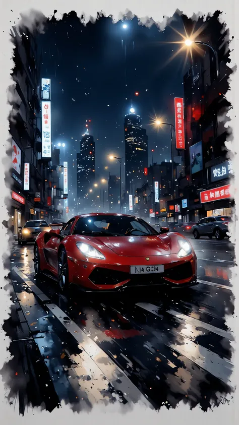 ((The outside is a picture book frame))、Handwriting、Draw with crayons 、Picture book style、A sophisticated sports car runs on a wet highway at night, Blurry lines of motion and bright neon lights are reflected on wet asphalt. The background is a hazy citysc...