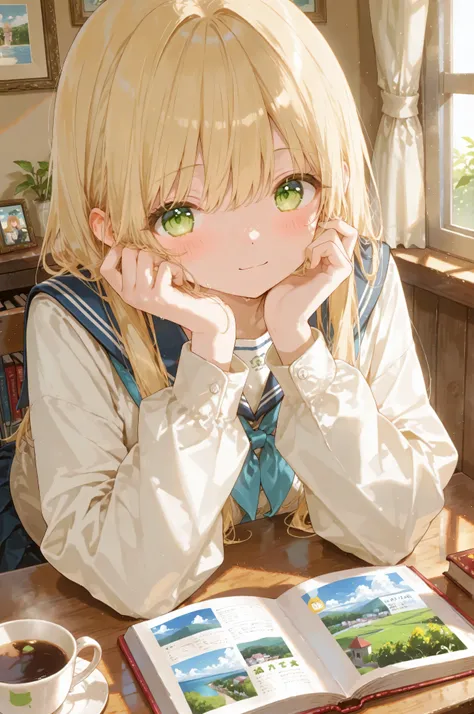 (( picture book touch :1.3)).girl、I have a book、cute,high school girl、cafe
