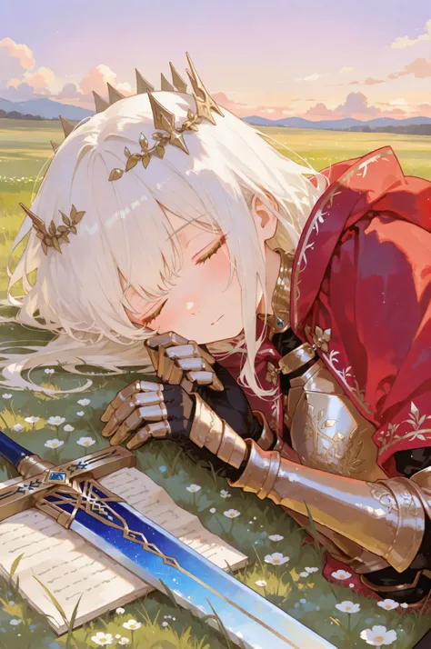 wear a flowing red cloak that gently covers when resting, thick outline and soft watercolor texture, and her expression is soft green grass drawn like a picture book, as if drawn with crayons . Elves have been dotted with, Curled up。flowing with、Gold Acces...