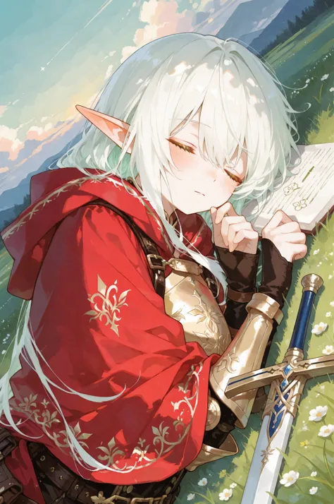 wear a flowing red cloak that gently covers when resting, thick outline and soft watercolor texture, and her expression is soft green grass drawn like a picture book, as if drawn with crayons . Elves have been dotted with, Curled up。flowing with、Gold Acces...